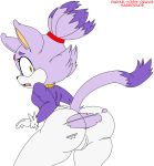  anthro big_butt blaze_the_cat butt camel_toe cat clothed clothing dipstick_tail eyelashes feline female forehead_gem fur habbodude hair hairband hi_res looking_back mammal multicolored_tail purple_fur purple_hair purple_yoshi_draws solo sonic_(series) surprise torn_clothing wide_hips yellow_eyes 