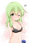  ;o arm_behind_back bangs bare_arms bare_shoulders black_bra blush bottomless bra breasts cleavage collarbone commentary_request eyebrows_visible_through_hair green_eyes green_hair groin hair_between_eyes hand_up highres komeiji_koishi long_hair looking_at_viewer medium_breasts navel no_hat no_headwear one_eye_closed out-of-frame_censoring parted_lips pink_background solo squiggle stomach suwa_yasai third_eye touhou underwear underwear_only upper_body white_background 