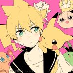 :d :p ;3 bass_clef blonde_hair charmander cheek-to-cheek close-up crossover dutch_angle eyebrows_visible_through_hair face fire frown gen_1_pokemon gen_2_pokemon green_eyes headset jigglypuff kagamine_len looking_at_another male_focus musical_note open_mouth pikachu pink_background pokemon pokemon_(creature) psyduck sailor_collar shirt short_hair simple_background sinaooo smile tail teeth togepi tongue tongue_out translation_request upper_body vocaloid white_shirt 
