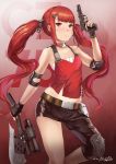  axe bare_shoulders commentary cz-75 cz-75_(girls_frontline) girls_frontline gun handgun highres hiroki_ree holding holding_weapon long_hair looking_at_viewer pistol red_eyes red_hair solo very_long_hair weapon 