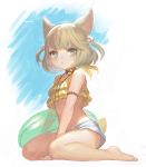  :&lt; animal_ears bell between_legs bikini_top blonde_hair blue_eyes cat_ears cat_tail choker eyebrows_visible_through_hair final_fantasy final_fantasy_xiv frilled_bikini_top frischenq hair_ornament hand_between_legs innertube jewelry jingle_bell khloe_aliapoh looking_at_viewer miqo'te necklace plantar_flexion short_hair shorts simple_background sitting solo tail two_side_up wariza yellow_bikini_top 