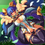  1girl artist_request black_legwear black_panties blue_hair blush breasts breasts_apart cleavage collarbone dizzy erect_nipples erect_nipples_under_clothes guilty_gear hair_between_eyes hair_ribbon highres large_breasts long_hair looking_at_viewer navel panties red_eyes ribbon smile solo tail thigh_gap thighhighs underwear very_long_hair wings yellow_ribbon 