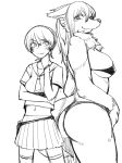  anthro bra canine clothing digital_media_(artwork) duo female fluffy hair hi_res human inner_ear_fluff long_hair looking_at_viewer mammal messenger_bag monochrome panties shirt simple_background size_difference skirt standing thick_thighs toco_(artist) underwear white_background 