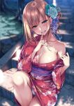  bangs bare_shoulders blonde_hair blurry blurry_background blush breasts cleavage clenched_teeth collarbone comic_exe dappled_sunlight day eyebrows_visible_through_hair eyelashes fang finger_to_mouth fingernails floral_print green_eyes grin hair_ornament half-closed_eyes highres japanese_clothes kimono large_breasts lips long_fingernails looking_at_viewer nail_polish obi off_shoulder original outdoors panties parted_lips pink_nails piromizu sash shade shushing sidelocks sitting smile solo stairs stone_stairs sunlight sweat sweatdrop teeth tree tree_shade underwear white_panties yukata 