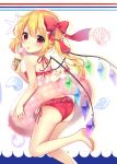  :p absurdres ass bare_arms bare_legs bare_shoulders barefoot beads bikini blush bow commentary_request crystal eyebrows_visible_through_hair feet_out_of_frame flandre_scarlet food from_behind hair_beads hair_between_eyes hair_bow hair_ornament hairclip halterneck highres holding holding_food ice_cream ice_cream_cone innertube leg_up long_hair looking_at_viewer looking_back no_hat no_headwear red_bikini red_bow ruhika seashell_hair_ornament side-tie_bikini side_ponytail silhouette smile solo star starry_background swimsuit thighs tongue tongue_out touhou white_background wings x_hair_ornament 