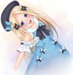  :d abigail_williams_(fate/grand_order) bangs beret black_bow black_hat blonde_hair blue_bow blue_dress blue_eyes blush bow dress eyebrows_visible_through_hair fate/grand_order fate_(series) forehead hair_bow hat leaning_back long_hair looking_at_viewer open_mouth parted_bangs puririn round_teeth sleeveless sleeveless_dress smile solo teeth upper_teeth very_long_hair white_bow 