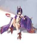  alcohol barefoot bob_cut cup fate/grand_order fate_(series) holding horns japanese_clothes kangetsu_(fhalei) kimono oni oni_horns purple_hair purple_kimono revealing_clothes sakazuki sake short_eyebrows short_hair shuten_douji_(fate/grand_order) smile solo 