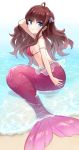  :3 ahoge amy30535 arm_at_side arm_behind_head arm_up armlet bangs beach blue_eyes breasts brown_hair chinese_commentary closed_mouth commentary commentary_request eyebrows_visible_through_hair eyelashes eyes_visible_through_hair from_side hair_tucking highres ichinose_shiki idolmaster idolmaster_cinderella_girls long_hair looking_away medium_breasts mermaid monster_girl monsterification ocean partial_commentary partially_submerged pearl pearl_earrings pearl_hair_ornament pink_bikini_top sand see-through shell_hair_ornament sideboob sitting skirt solo string_bikini transparent_skirt wavy_hair white_background 