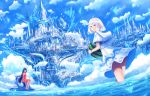  2girls blue_eyes bou_nin building clouds dress food fruit original scenic short_hair sky watermelon white_hair 