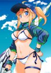  ahoge areola_slip areolae artoria_pendragon_(all) baseball_cap bikini bikini_bottom bikini_top blue_eyes blue_jacket blue_sky blush breasts cleavage cloud cloudy_sky commentary_request cowboy_shot day eyebrows_visible_through_hair fate/grand_order fate_(series) hair_between_eyes hair_through_headwear hat highres holding holding_weapon huge_weapon inoue_sora jacket looking_at_viewer mysterious_heroine_xx_(foreigner) navel ponytail shrug_(clothing) side-tie_bikini sky solo swimsuit sword thigh_strap twinmyniad weapon wristband 