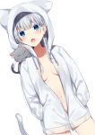  animal animal_hood animal_on_shoulder bad_id bad_pixiv_id bangs blue_eyes blunt_bangs blush breasts cat cat_on_shoulder commentary_request dutch_angle fang hands_in_pockets highres hood hoodie long_hair looking_at_viewer mafuyu_(chibi21) medium_breasts navel no_bra open_mouth original silver_hair simple_background solo standing unzipped 