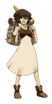  bag cosplay dress full_body fumafu hat highres looking_at_viewer octopath_traveler open_mouth original short_hair simple_background smile solo tressa_(octopath_traveler) 
