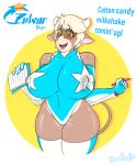  anthro big_breasts blush bovid bovine breasts cattle clothed clothing doodle_dip female hair horn huge_breasts lactating lactating_through_clothing looking_at_viewer mammal momo_(doodle_dip) nipples pulsar_burger simple_background smile solo teats text thick_thighs udders uniform unitard wide_hips 