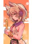  blonde_hair closed_mouth earmuffs from_side holding pointy_hair profile short_hair sleeveless solo tori_(10ri) touhou toyosatomimi_no_miko upper_body yellow_eyes 