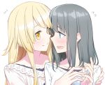  bang_dream! black_hair blonde_hair blue_eyes blush face-to-face hand_on_another's_shoulder long_hair looking_at_another medium_hair multiple_girls okusawa_misaki sakuraba_yuuki smile tsurumaki_kokoro upper_body white_background yellow_eyes yuri 