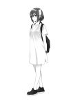  backpack bag bespectacled breasts closed_mouth dress ears eyebrows_visible_through_hair full_body glasses hair_between_eyes highres monochrome puyo ribbon shoes short_hair simple_background solo suzumiya_haruhi suzumiya_haruhi_no_yuuutsu white_background 