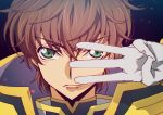  brown_hair code_geass creayus eyebrows_visible_through_hair gloves green_eyes hair_between_eyes hand_up kururugi_suzaku looking_at_viewer m male_focus portrait serious solo white_gloves 