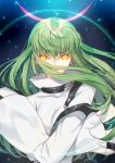  bangs breasts c.c. code_geass creayus eyebrows_visible_through_hair floating_hair geass green_hair long_hair long_sleeves looking_at_viewer m medium_breasts sidelocks upper_body wide_sleeves yellow_eyes 