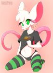  2018 absurd_res big_ears black_bottomwear black_clothing black_panties cheese clothed clothing clothing_lift cute eyelashes female flat_chested food fur green_eyes hi_res humor kneeling legwear looking_at_viewer mammal mouse mouse_trap navel panties pinup pose pun reggie_(whygena) rodent shirt shirt_lift sign smile solo stockings striped_legwear striped_stockings stripes t-shirt trap_(contrivance) underwear visual_pun white_fur whygena 