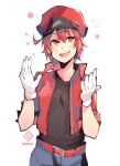  ae-3803 blush cabbie_hat commentary eri_(erikiri) gloves hat hataraku_saibou highres jacket open_mouth pants red_blood_cell red_blood_cell_(hataraku_saibou) red_hair red_jacket short_hair shorts smile solo uniform 