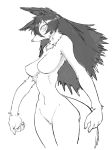  anthro black_hair canine digital_media_(artwork) female fluffy fur hair hi_res inner_ear_fluff long_hair looking_at_viewer mammal monochrome navel nude simple_background sketch solo toco_(artist) white_background white_eyes white_fur 