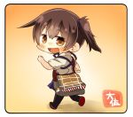  adapted_object artist_name bag black_legwear blue_hakama blue_skirt brown_eyes brown_hair flight_deck full_body hakama hakama_skirt japanese_clothes kaga_(kantai_collection) kantai_collection long_hair open_mouth side_ponytail skirt smile solo taisa_(kari) tasuki thighhighs yellow_background 