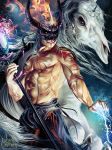  abs chest copyright_name electricity fire horns legend_of_the_cryptids long_hair magic male_focus mask nail_polish official_art red_eyes scar shirtless skull solo_focus staff teeth white_hair 