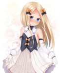  abigail_williams_(fate/grand_order) bangs bare_shoulders black_bow blonde_hair blue_eyes blush bow breasts closed_mouth detached_sleeves fate/grand_order fate_(series) forehead gloves hair_bow long_hair long_sleeves nose_blush orange_bow parted_bangs pleated_skirt polka_dot polka_dot_bow puririn shirt skirt skirt_hold sleeveless sleeveless_shirt small_breasts smile solo very_long_hair white_gloves white_shirt white_skirt 