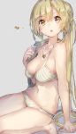  :o bangs barefoot bikini blonde_hair breasts cleavage collarbone commentary_request eyebrows_visible_through_hair grey_background hair_ornament hairclip jewelry large_breasts long_hair looking_at_viewer magia_record:_mahou_shoujo_madoka_magica_gaiden mahou_shoujo_madoka_magica navel necklace open_mouth ponytail simple_background sitting solo swimsuit very_long_hair white_bikini yellow_eyes yusa_hazuki yuugen 