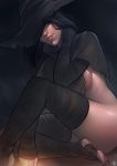  black black_hair black_legwear breasts capelet commentary dark_souls_iii detached_sleeves english_commentary hat hat_over_one_eye highres karla_(dark_souls_3) light_smile lips long_hair nat_the_lich no_panties nose sideboob sitting solo souls_(from_software) toeless_legwear witch_hat 