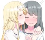  bang_dream! black_hair blonde_hair blush cheek_kiss closed_eyes hug kiss long_hair medium_hair multiple_girls okusawa_misaki sakuraba_yuuki smile sweat tsurumaki_kokoro upper_body white_background yuri 