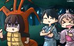  &gt;_&lt; ^_^ animal animal_on_head black_hair blue_fire blue_kimono brown_eyes brown_hair bunny bunny_on_head bush closed_eyes commentary fire hair_bobbles hair_ornament hamu_koutarou highres houshou_(kantai_collection) ise_(kantai_collection) japanese_clothes jitome kantai_collection kimono knife lobster_costume long_hair multiple_girls night on_head pink_eyes pink_hair pink_kimono ponytail running sazanami_(kantai_collection) shaded_face short_hair sparkle sweat twintails yukata 