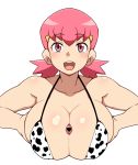 :d akane_(pokemon) animal_print bangs bare_arms bare_shoulders bikini breast_squeeze breasts censored cleavage collarbone commentary_request cow_girl cow_print eyebrows_visible_through_hair gym_leader halter_top halterneck heart heart_censor highres huge_breasts looking_at_viewer mantan medium_hair open_mouth paizuri penis pink_eyes pink_hair pokemon pokemon_(game) pokemon_hgss simple_background smile solo swimsuit twintails upper_body white_background 
