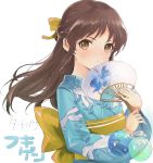  animal_print aqua_kimono balloon bangs blush bow braid brown_hair closed_mouth fan fingernails fish_print hair_bow hair_intakes half_updo holding holding_balloon holding_fan idolmaster idolmaster_cinderella_girls japanese_clothes kimono light_frown long_hair looking_at_viewer obi paper_fan sash sidelocks simple_background solo tachibana_arisu tetsujin_momoko upper_body v-shaped_eyebrows white_background yellow_bow yellow_eyes 