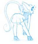  2018 4_fingers anthro bent_over biped blep blue_and_white butt butt_pose clothing digital_drawing_(artwork) digital_media_(artwork) ears_back eyelashes female flat_chested footwear full-length_portrait guide_lines hair hi_res humanoid_hands long_tail looking_back mammal mary_janes monochrome mouse plantigrade portrait rat_tail rear_view reggie_(whygena) rodent shadow shirt shoes short_hair simple_background sketch skirt smile solo tongue tongue_out toony white_background whygena 