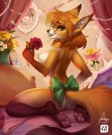  2019 4_toes anthro barefoot bed bedroom biped bow breasts brown_eyebrows brown_fur brown_hair brown_nose brown_tail butt canid canine collaboration digital_media_(artwork) dragonfu eyebrows female flower fox fur furlana green_eyes hair hi_res holding_flower holding_object inner_ear_fluff kneeling long_hair long_tail looking_at_viewer looking_back mammal multicolored_fur nipples nude on_bed pawpads pillow pink_nipples pink_pawpads plant rear_view rose side_boob solo toes white_fur 