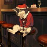  2013 4_toes anthro bottomless cake canine christmas clothed clothing costume food fur hat holidays incarnata inside looking_at_viewer mammal multicolored_fur okami_(shirokuma_cafe) pawpads paws santa_costume santa_hat shirokuma_cafe sitting solo toes two_tone_fur wine_glass wolf 