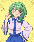  :3 blue_skirt blush detached_sleeves doyagao emphasis_lines frog_hair_ornament green_eyes green_hair hair_ornament hairband hand_on_hip hand_up kochiya_sanae long_sleeves looking_at_viewer pointing pointing_at_self sasa_kichi short_hair skirt smile smug snake_hair_ornament solo touhou wide_sleeves yellow_background 