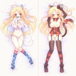  ahoge american_flag_legwear animal_ears arm_up azur_lane bangs bed_sheet bell black_gloves black_legwear blonde_hair blush bow bra breasts capelet cat_ears cat_girl cat_tail cleveland_(azur_lane) commentary covered_mouth dakimakura elbow_gloves eyebrows_visible_through_hair fur-trimmed_gloves fur-trimmed_legwear fur_collar fur_trim gloves hair_between_eyes hair_ornament highres jingle_bell kemonomimi_mode kneehighs large_breasts long_hair looking_at_viewer lying multiple_views navel nipples on_back one_side_up panties parted_lips pussy red_bow red_eyes red_ribbon ribbon sakurato_ototo_shizuku side-tie_panties tail tail_raised tail_ribbon thighhighs underbust underwear untied untied_panties very_long_hair white_bra white_capelet white_panties 
