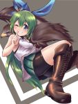  ass bike_shorts bird blue_eyes boots borrowed_character breasts commentary_request green_hair green_skirt hair_ornament hair_ribbon hawk highres long_hair m.m one_eye_closed original ponytail ribbon skirt smile 