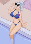  bikini blue_eyes female flower green_eyes heterochromia lotus maria_darlington oo_sebastian_oo pool sunglasses swimsuit wet white_hair 