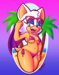  anthro bat biffalo bikini breasts clothing eyeshadow eyewear fangs female fur green_eyes hi_res lipstick makeup mammal navel rouge_the_bat solo sonic_(series) sunglasses swimsuit video_games white_fur wings 