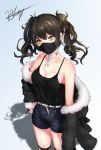  bangs bare_shoulders belt black_hair black_shorts black_tank_top breasts brown_eyes buckle casual chaciooh choker cleavage coat collarbone commentary cowboy_shot curly_hair eyebrows_visible_through_hair fur-trimmed_coat fur_trim gas_mask girls_frontline hand_on_hip head_tilt highres kneehighs looking_at_viewer medium_breasts off_shoulder sangvis_ferri scarecrow_(girls_frontline) shorts sidelocks signature simple_background solo tank_top thighs twintails 