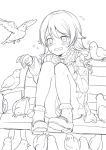  1girl bench bird drill_hair earrings food idolmaster idolmaster_cinderella_girls jewelry monochrome morikubo_nono open_mouth pigeon sitting sweat tears thighs 