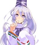  bangs commentary_request eyebrows_visible_through_hair hair_between_eyes hat long_hair long_sleeves looking_at_viewer mononobe_no_futo pom_pom_(clothes) ponytail purple_eyes purple_hair ribbon-trimmed_sleeves ribbon_trim smile solo tate_eboshi tori_(10ri) touhou upper_body white_background 