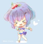  &gt;_&lt; :d azur_lane bangs bare_legs bare_shoulders barefoot bikini blue_background blue_bikini blue_bow blush bow chibi closed_eyes commentary_request eyebrows_visible_through_hair facing_viewer flower full_body hair_flower hair_ornament halter_top halterneck head_tilt heart javelin_(azur_lane) kouu_hiyoyo navel open_mouth outstretched_arm ponytail purple_hair red_flower smile solo standing standing_on_one_leg swimsuit twitter_username xd 