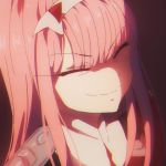  artist_name chromatic_aberration closed_eyes closed_mouth commentary_request darling_in_the_franxx eyebrows_visible_through_hair furrowed_eyebrows hairband horns iceroy oni_horns pink pink_hair red_horns russian_commentary simple_background smile solo uniform white_hairband zero_two_(darling_in_the_franxx) 