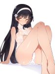  arm_support ass barefoot black_hair breasts brown_eyes caburi casual_one-piece_swimsuit commentary_request crossed_legs girls_frontline hairband hand_on_own_breast highres long_hair nipples one-piece_swimsuit qbz-95_(girls_frontline) see-through sitting solo swimsuit wet white_swimsuit 