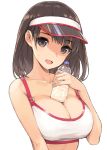  :d bangs bottle breasts brown_eyes brown_hair cleavage collarbone commentary eyebrows_visible_through_hair hand_up holding holding_bottle large_breasts looking_at_viewer morisawa_haruyuki open_mouth original simple_background smile solo sports_bra sweat upper_body visor_cap water water_bottle white_background 