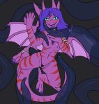  2018 animated anklet anthro blue_tongue claws clothed clothing collar elvche female gargoyle green_eyes hair horn jewelry membranous_wings navel nipples panties panty_pull pendant purple_hair skimpy solo stripes tentacles toe_claws tongue tongue_out topless underwear wings 